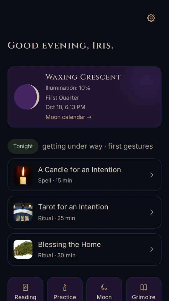 Home, with tonight's Moon and the practices associated with its phase